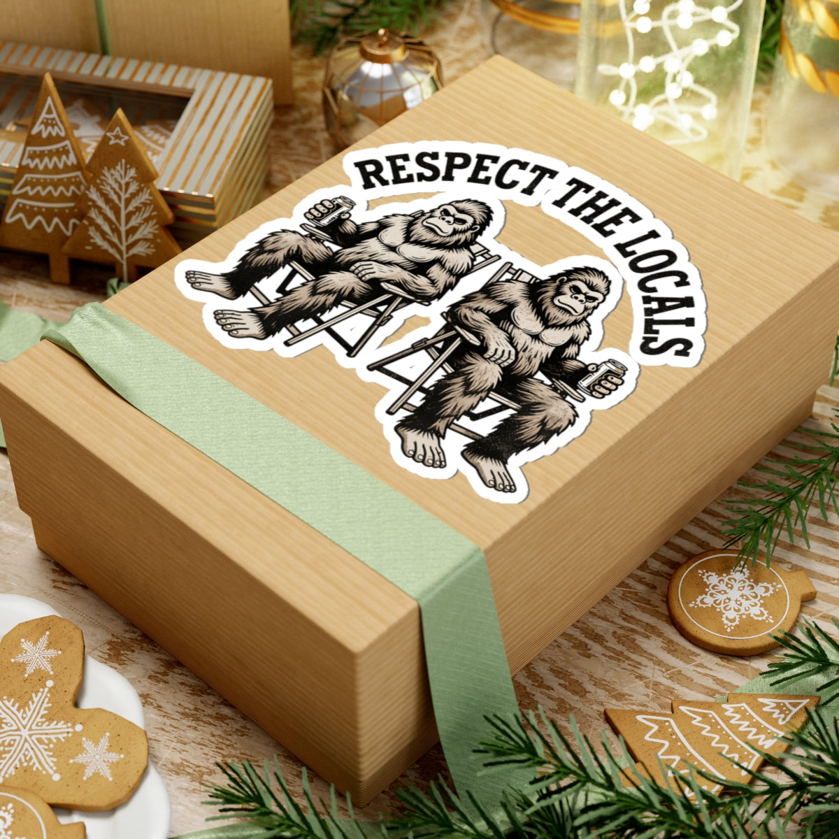 A square kraft gift box wrapped with a pale green ribbon, featuring a kiss-cut sticker of two seated Bigfoot figures with the text 'RESPECT THE LOCALS' on top. The box is styled on a wooden surface with holiday cookies, evergreen branches, and warm ambient decor in the background.