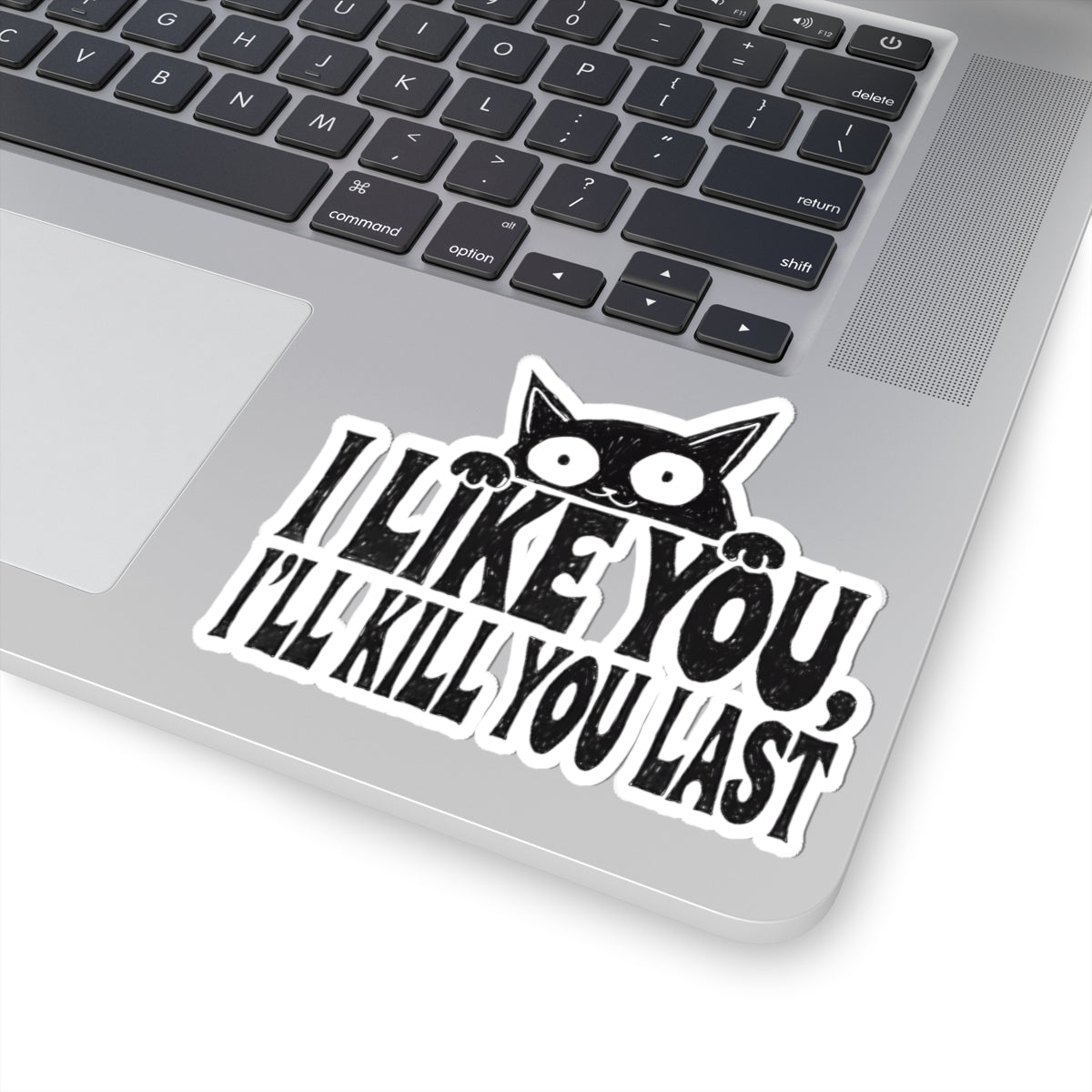 A kiss-cut vinyl sticker applied to the palm rest of a silver laptop. The sticker features a black cartoon cat peeking over bold black text that reads 'I LIKE YOU, I'LL KILL YOU LAST' with a white outline.