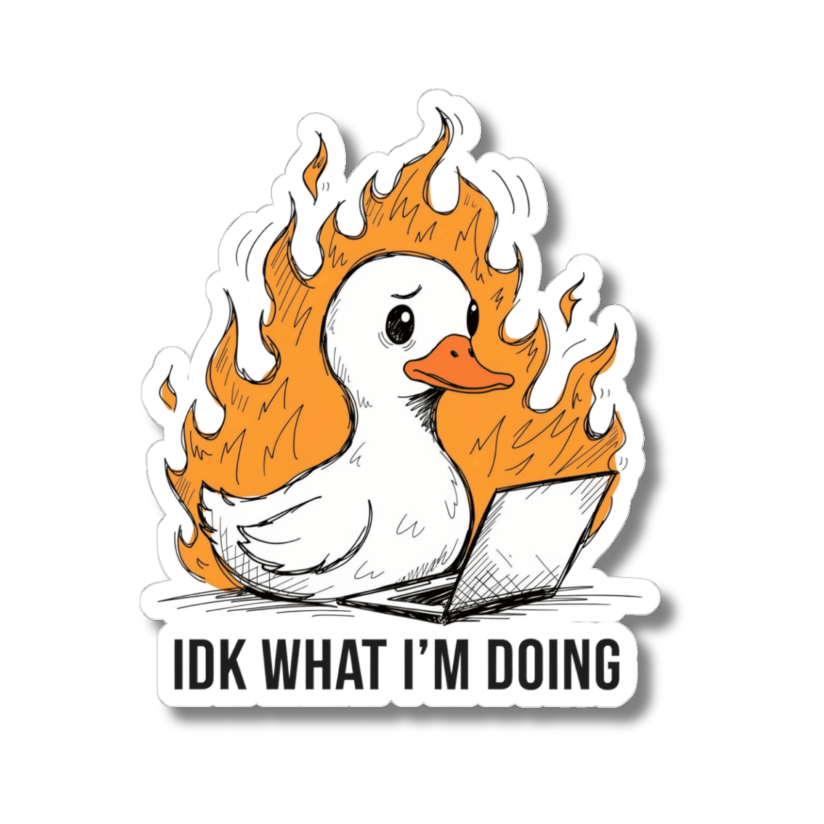 A kiss-cut sticker featuring a cartoon white duck surrounded by orange flames while typing on a laptop, with the text 'IDK WHAT I'M DOING' below, shown on a plain white background.