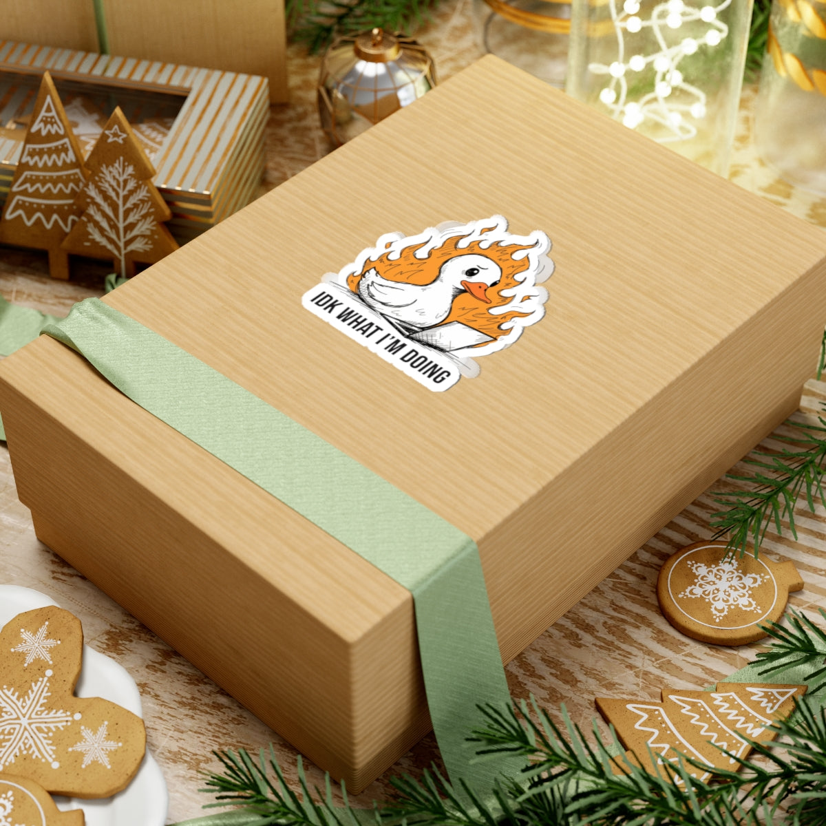 Gift box with a funny cartoon duck sticker on a festive background with cookies and lights