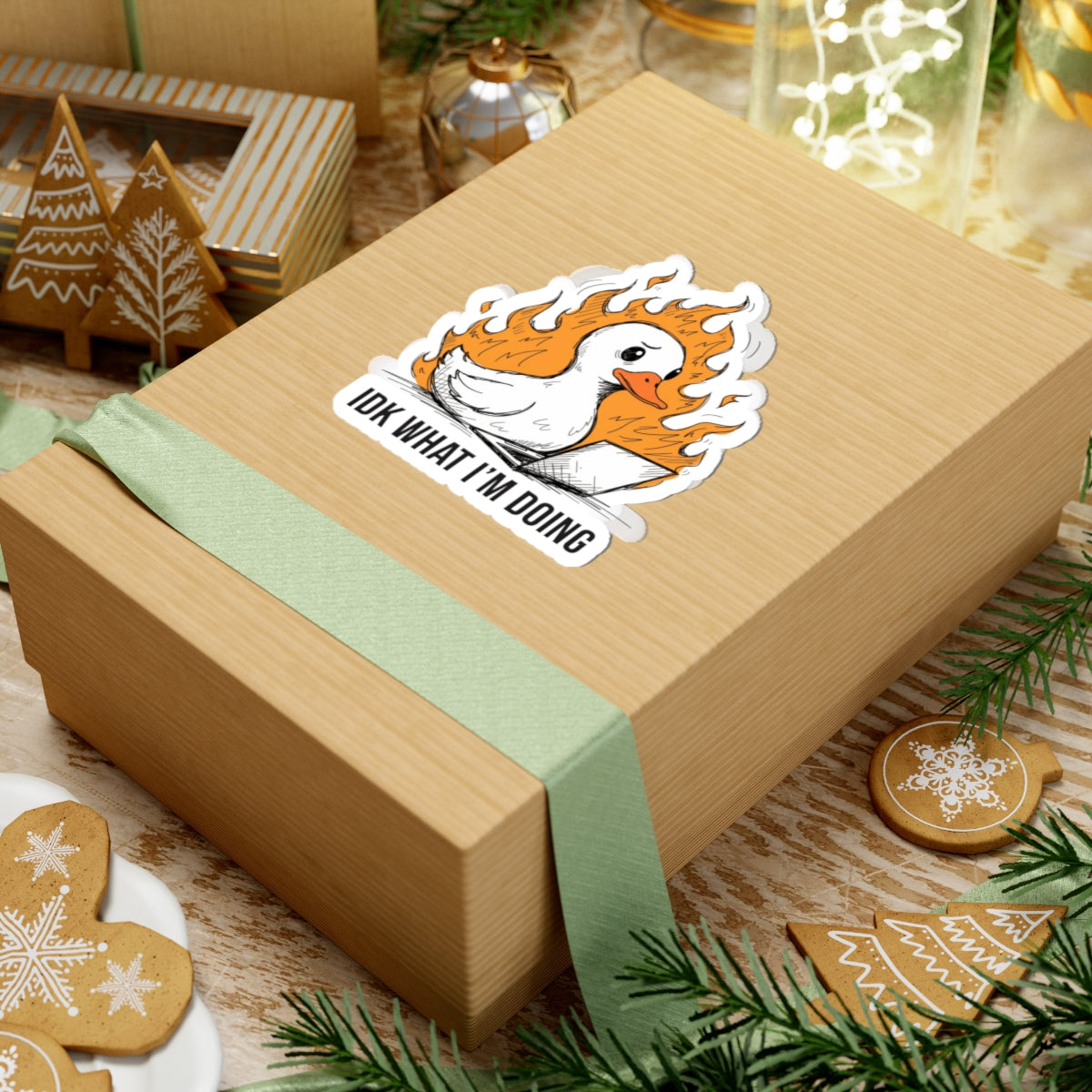 A kraft paper gift box tied with a pale green ribbon, decorated with a kiss-cut sticker of a white duck surrounded by orange flames and the text 'I DON'T WHAT I'M DOING.' The box is styled on a tabletop with holiday decorations, including gingerbread cookies, evergreen branches, and glass ornaments.