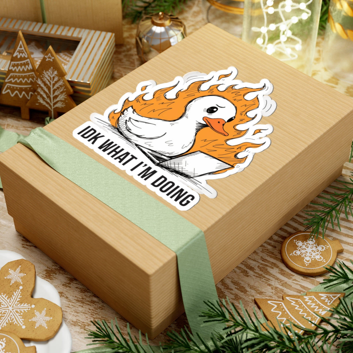 A square kraft paper gift box tied with a pale green ribbon, featuring a kiss-cut sticker of a white duck with orange beak and orange flames around it, plus the text 'I DK WHAT I'M DOING.' The box is styled on a tabletop with holiday cookies, evergreen branches, and warm ambient decor in the background.