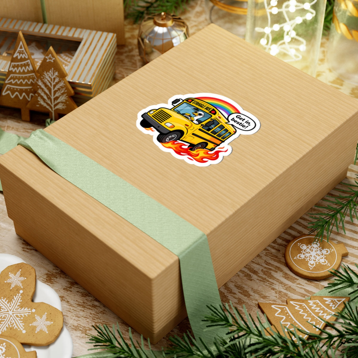 A kraft paper gift box tied with a pale green ribbon, decorated with a kiss-cut sticker of a yellow school bus under a rainbow and flames. The box is styled on a wooden surface with holiday cookies, evergreen branches, and other gift items in the background.