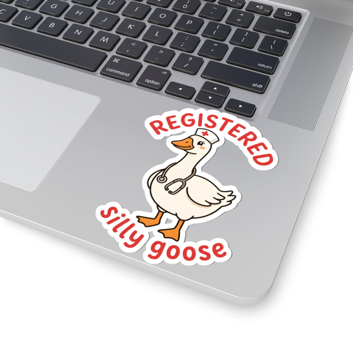 A kiss-cut vinyl sticker featuring a cartoon white goose wearing a nurse hat and stethoscope, with the words 'REGISTERED silly goose' in red lettering, shown applied to the corner of a silver laptop.