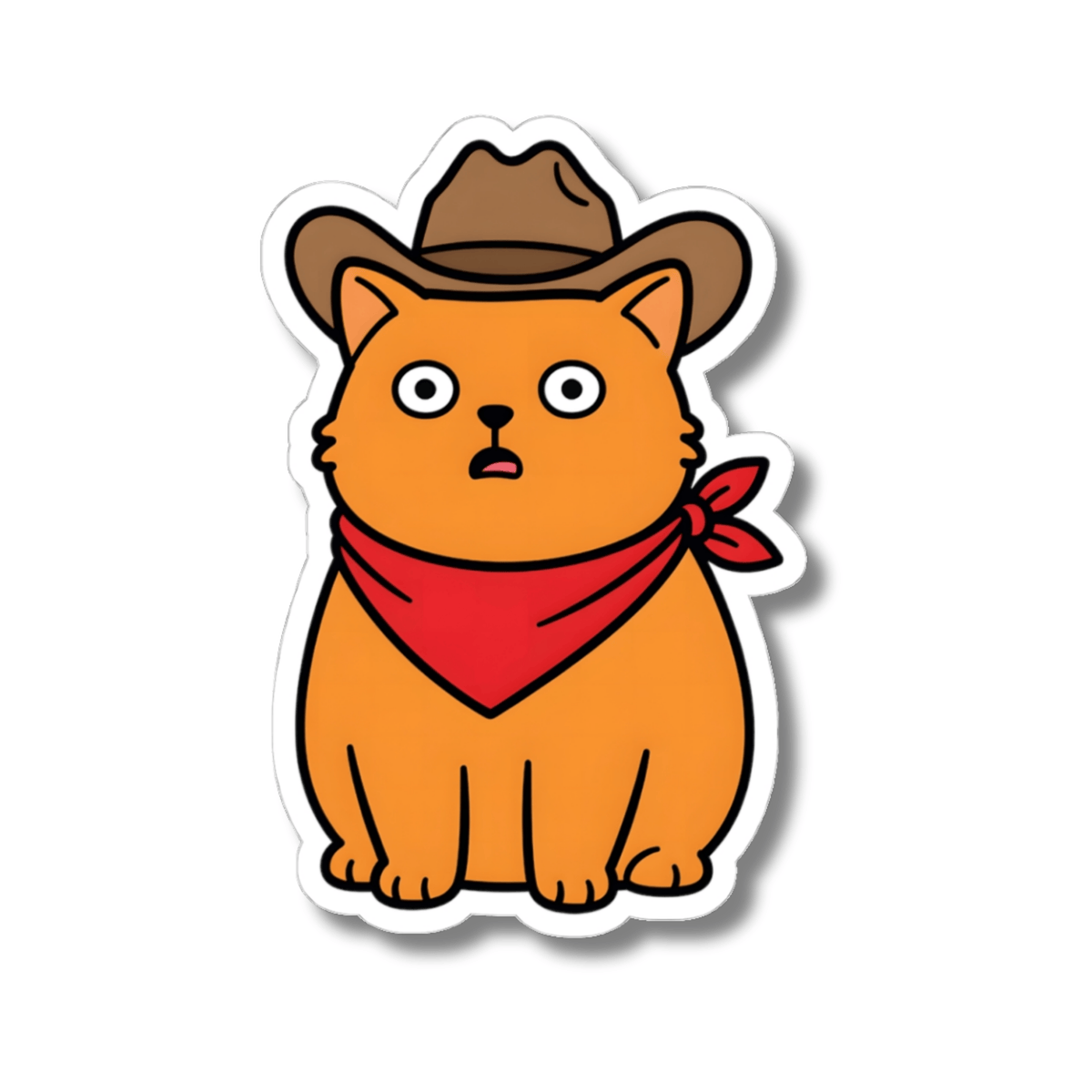 A cartoon-style kiss-cut sticker of an orange cat wearing a brown cowboy hat and a red bandana, shown on a plain white background.