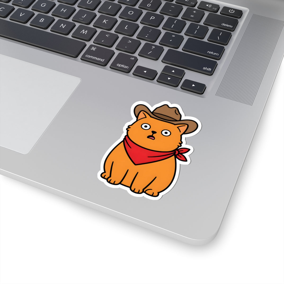 A cartoon cat sticker wearing a brown cowboy hat and red bandana, shown applied to the lower area of a silver laptop next to the keyboard.