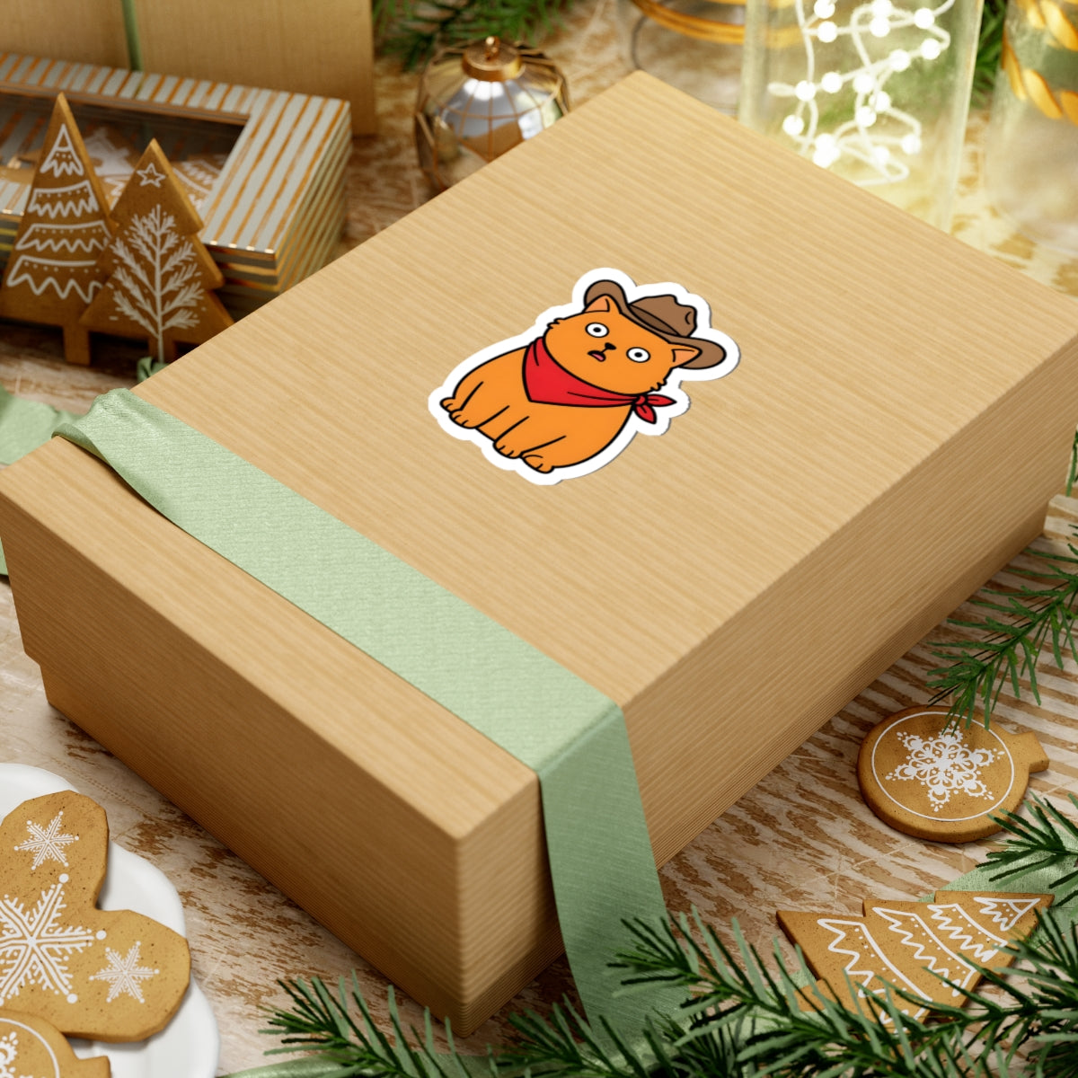 Wooden gift box with a cartoon cat wearing a cowboy hat and bandana sticker on a festive background with cookies and greenery.