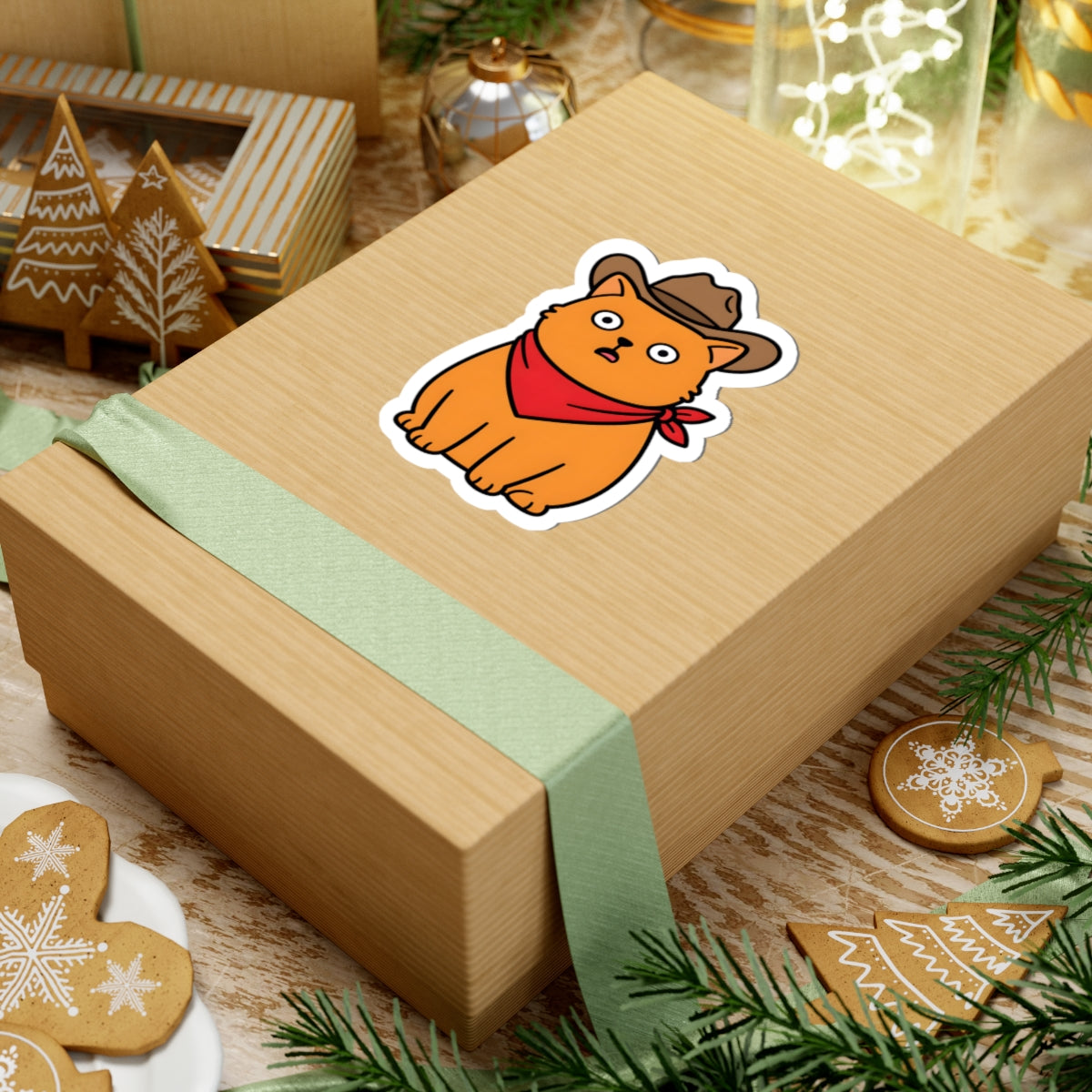 A light brown kraft gift box wrapped with a pale green ribbon, featuring a cartoon orange cat sticker wearing a brown hat and red bandana on top. The box is styled on a rustic wooden surface with Christmas cookies, evergreen branches, and holiday decorations.