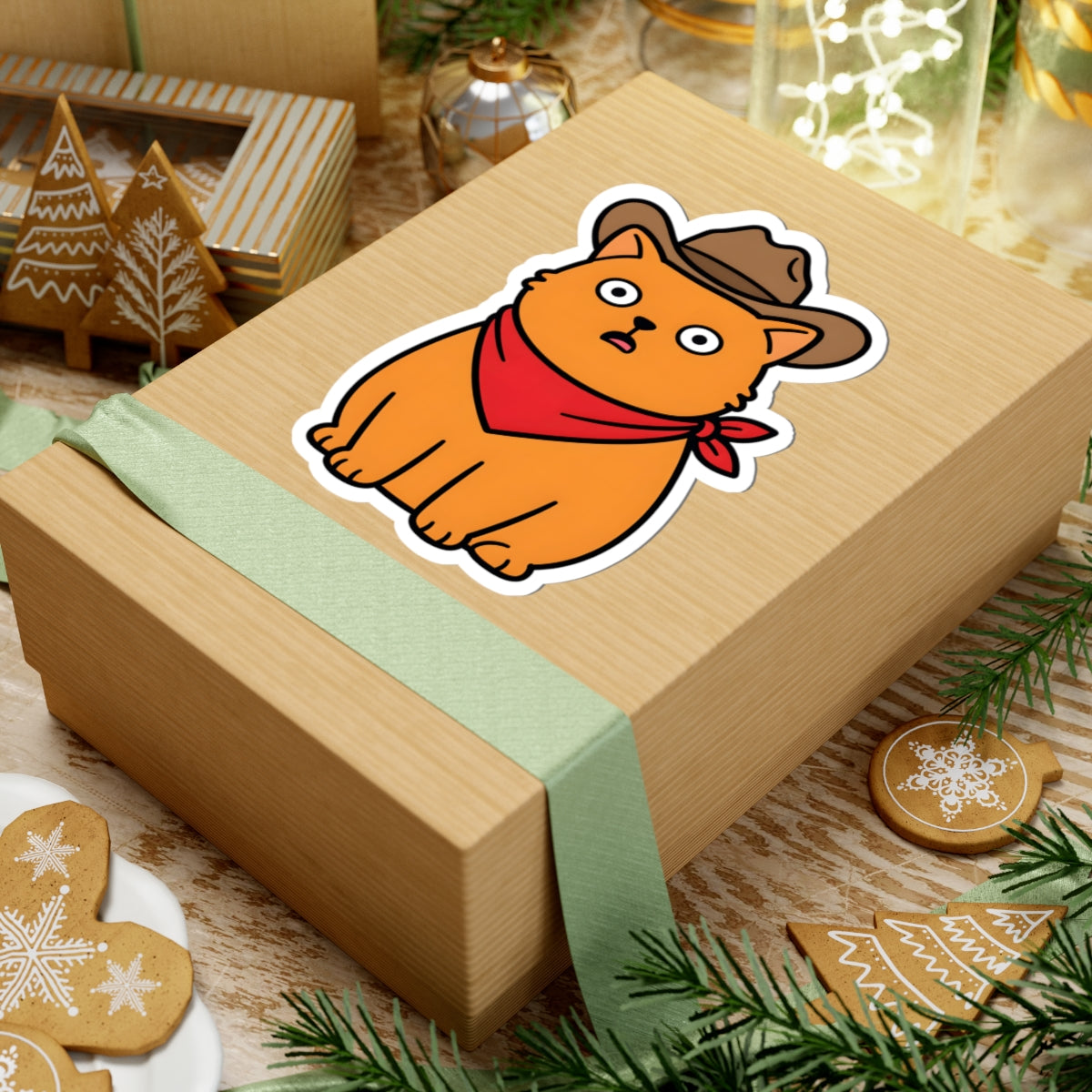 A square kraft gift box wrapped with a pale green ribbon, featuring a kiss-cut sticker of an orange cartoon cat wearing a brown cowboy hat and red bandana on top. The box is styled on a wooden surface with Christmas cookies, evergreen branches, and holiday decorations in the background.