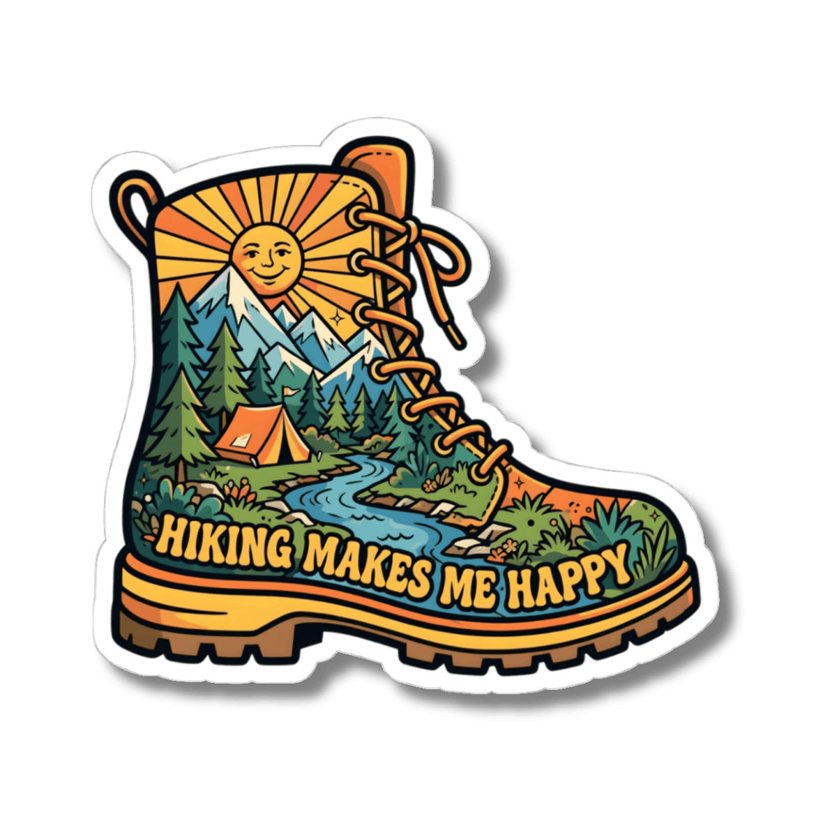 A kiss-cut sticker shaped like a hiking boot, featuring a colorful illustrated landscape with a smiling sun, mountains, pine trees, a camp tent, a winding river, and the text 'HIKING MAKES ME HAPPY' on a white background.