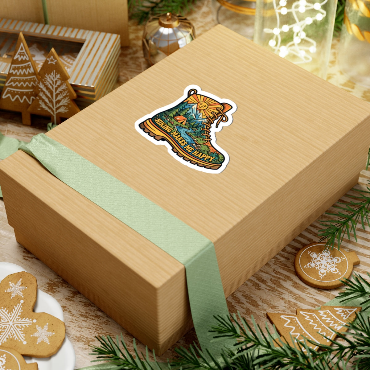 A square kraft paper gift box wrapped with a pale green ribbon and topped with a colorful hiking themed boot sticker, styled on a tabletop with holiday cookies, pine branches, and other gift items.