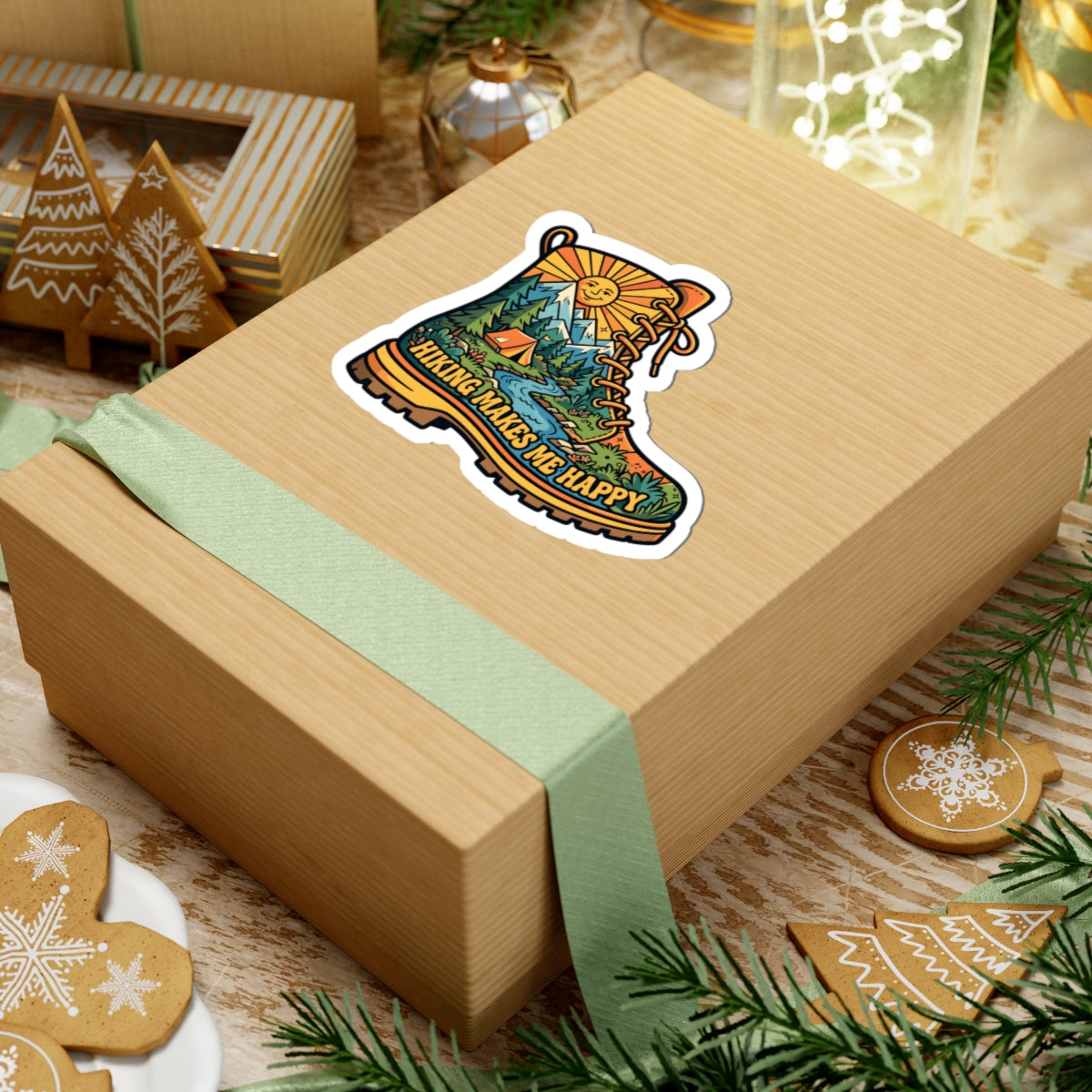 A light brown kraft gift box tied with a pale green ribbon, featuring a kiss-cut sticker of a hiking boot with a mountain landscape and the words 'HIKING MAKES ME HAPPY'. The box is styled on a rustic wooden surface with Christmas cookies, pine branches, and holiday decorations.