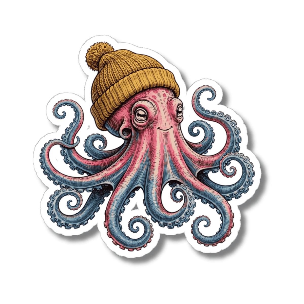 A kiss-cut sticker featuring a cute cartoon octopus wearing a mustard yellow knit beanie, shown on a plain white background.