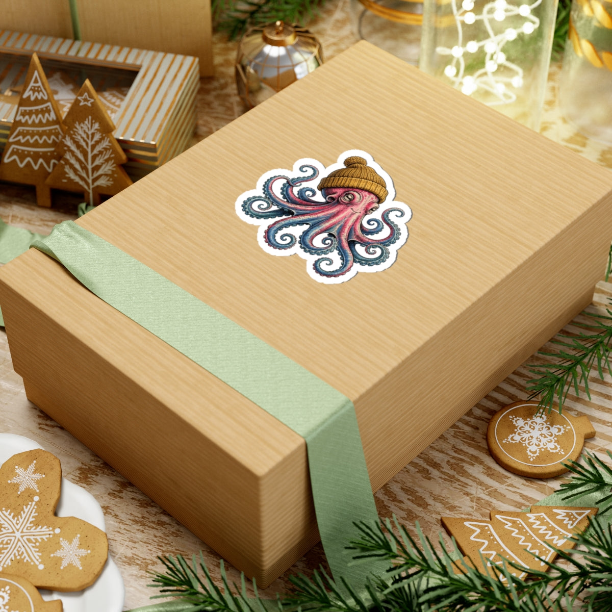 Gift box with a decorative octopus sticker wearing a knit beanie on a festive background with cookies and greenery.
