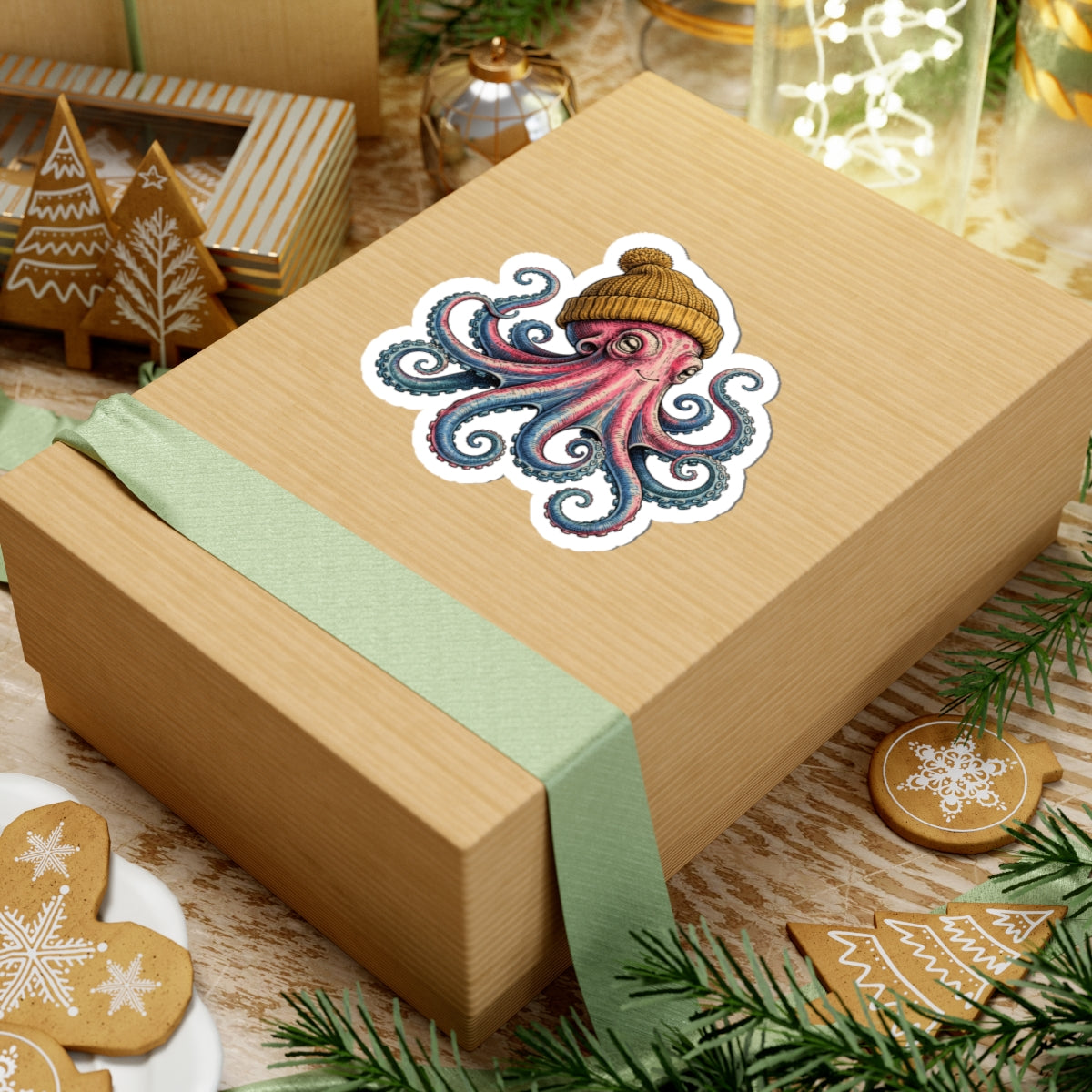 A kraft paper gift box wrapped with a pale green ribbon, decorated with a colorful octopus sticker wearing a knit beanie. The box is styled on a rustic wooden surface with Christmas cookies, pine branches, and holiday decorations.