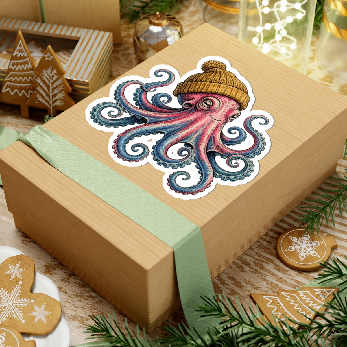 A square kraft gift box wrapped with a pale green ribbon, featuring a kiss-cut sticker of a pink and blue octopus wearing a brown beanie on top. The box is styled on a rustic wooden surface with Christmas cookies, pine branches, and holiday decorations in the background.