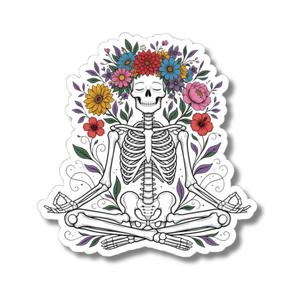 A kiss-cut sticker featuring a white line-art skeleton meditating with a colorful floral crown, shown on a plain white background.