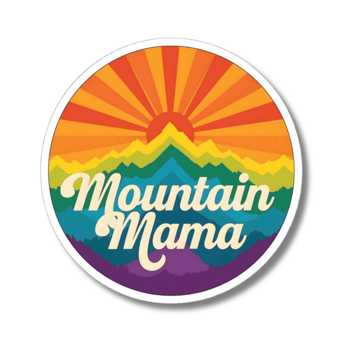 A circular sticker with a colorful mountain and sunburst design, featuring the words 'Mountain Mama' in white script, shown on a plain white background.