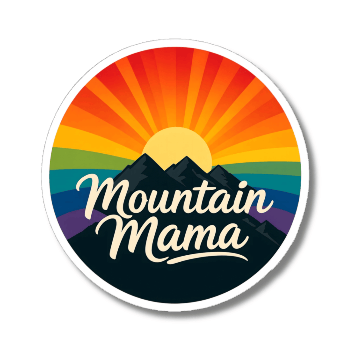 A circular sticker featuring a colorful rainbow sunburst behind black mountain peaks and the words 'Mountain Mama' in white script, shown on a white background.