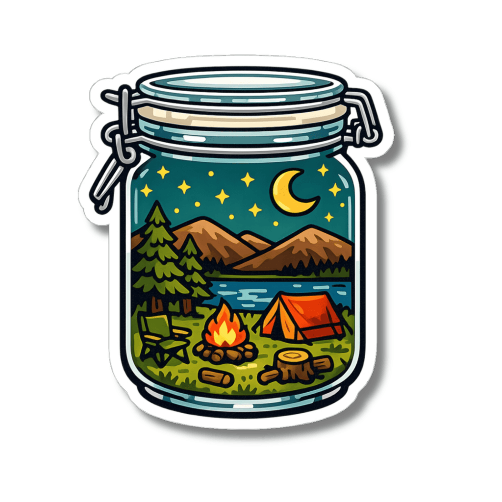 A kiss-cut sticker depicting a whimsical camping scene inside a glass jar. The illustration shows a yellow crescent moon in a dark blue night sky, mountains, pine trees, a green camp chair, a glowing campfire, and an orange tent.