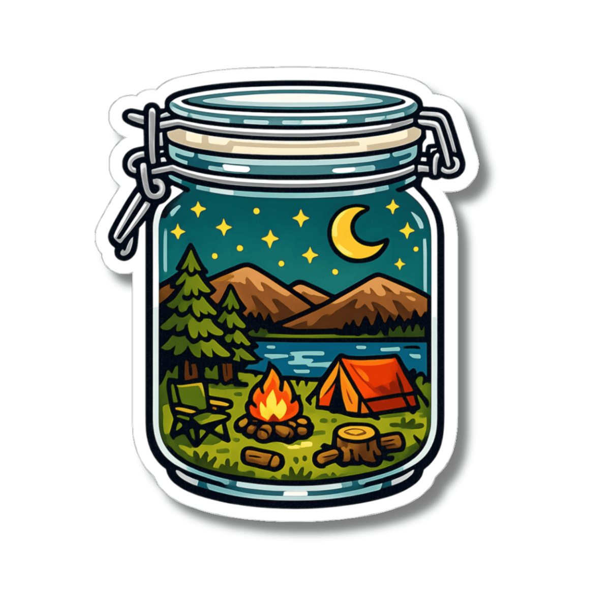 A kiss-cut sticker depicting a whimsical camping scene inside a glass jar. The illustration shows a yellow crescent moon in a dark blue night sky, mountains, pine trees, a green folding chair, a glowing campfire, and an orange tent.