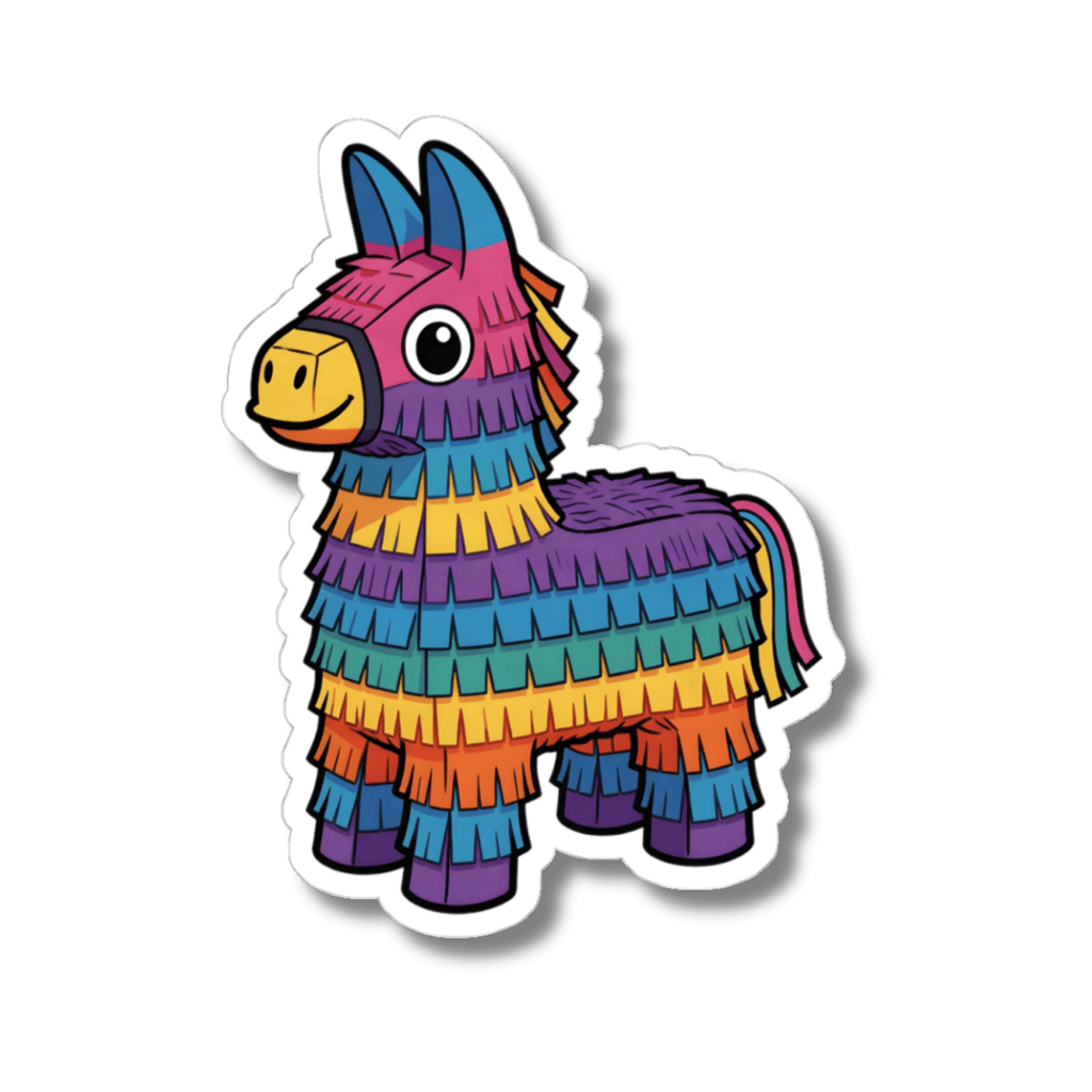 A kiss-cut vinyl sticker of a colorful, cartoon-style piñata llama on a solid white background.