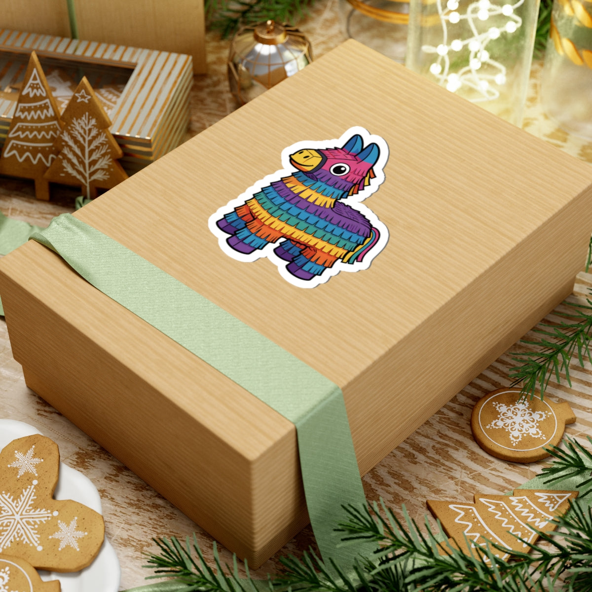 A kraft paper gift box tied with a pale green ribbon, featuring a colorful piñata sticker on top, styled with holiday cookies, pine branches, and gift decorations.