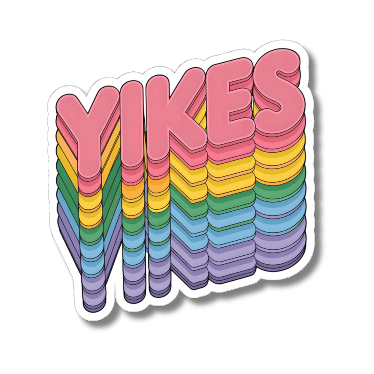 A kiss-cut vinyl sticker featuring the word 'YIKES' in bold retro 3D letters stacked with rainbow stripes, shown on a plain white background.