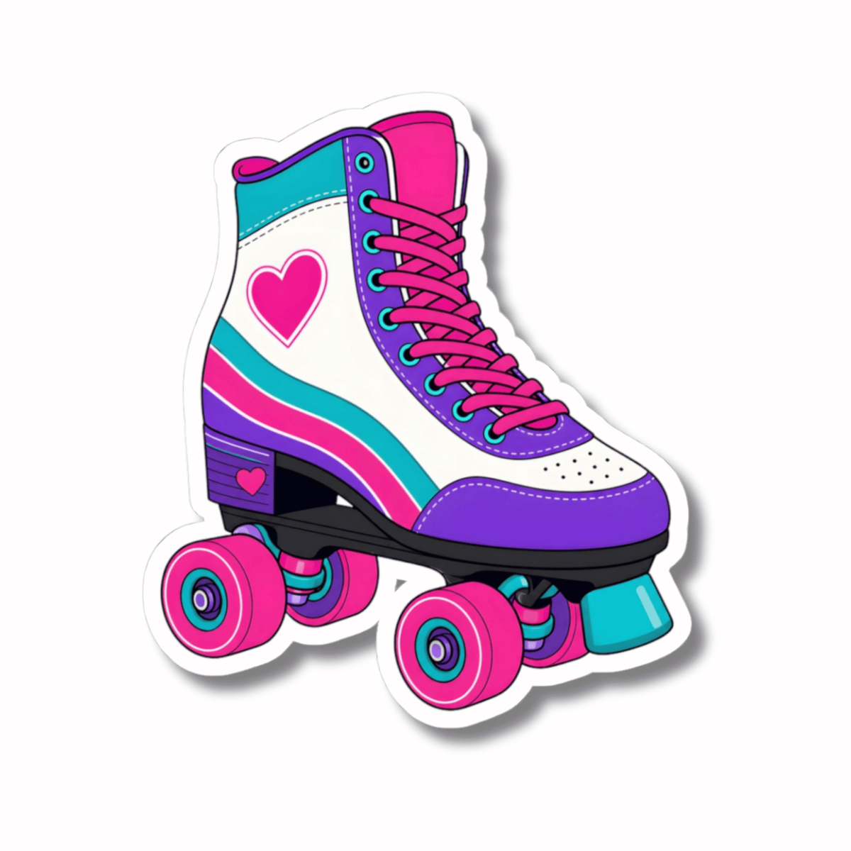 A kiss-cut vinyl sticker of a retro roller skate, featuring a white, purple, pink, and teal design with heart details, shown on a plain white background.
