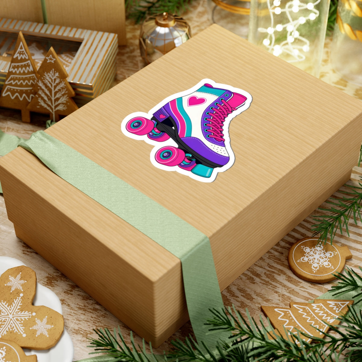 A kraft paper gift box wrapped with a mint green ribbon, featuring a colorful roller skate sticker on top, styled with holiday cookies, pine branches, and other gift boxes.