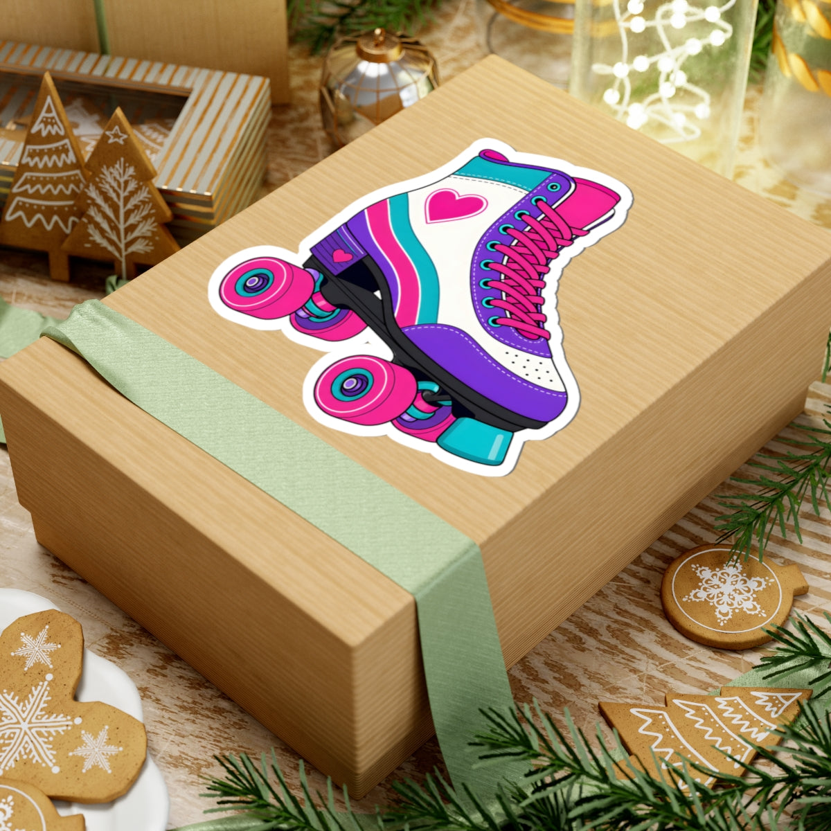 A kraft paper gift box wrapped with a mint green ribbon, featuring a colorful kiss-cut sticker of a roller skate on top. The scene is styled with holiday cookies, pine branches, and warm festive background lights.