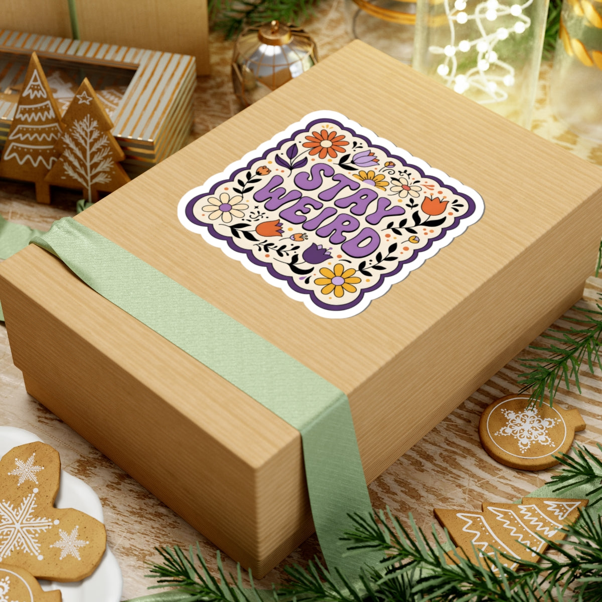 A square kraft paper gift box tied with a pale green ribbon, featuring a decorative kiss-cut sticker that reads “Stay Weird” in purple lettering with colorful floral and heart illustrations. The box is styled on a tabletop with holiday cookies, evergreen branches, and warm ambient decor in the background.