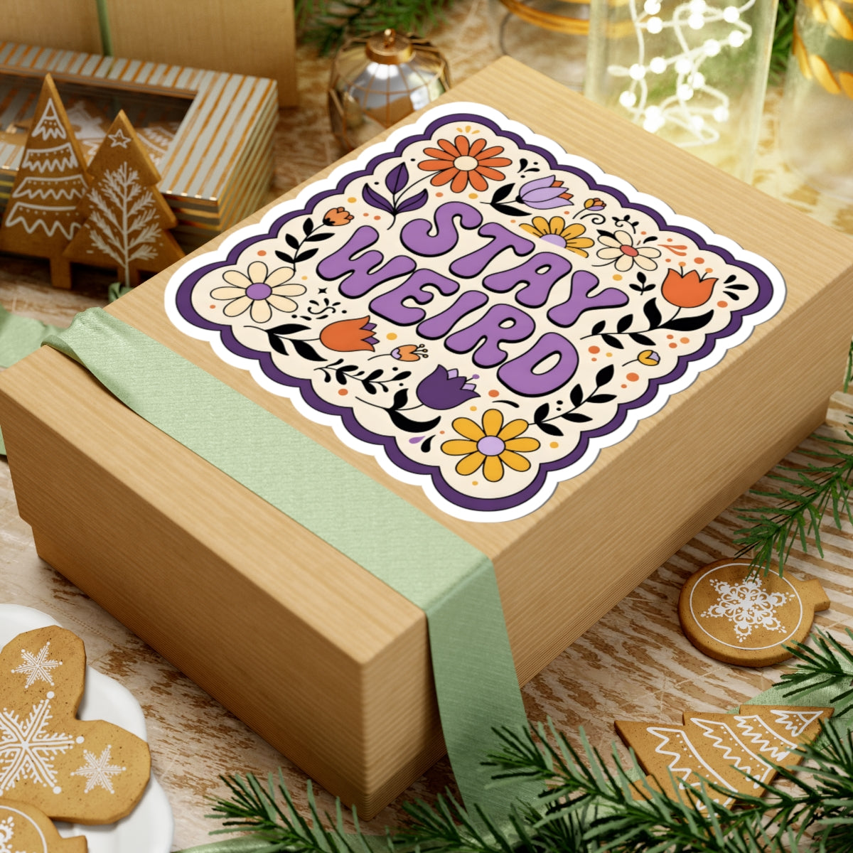A square kraft paper gift box wrapped with a pale green ribbon, topped with a decorative sticker that reads “STAY WEIRD” in purple letters with floral accents. The box is styled on a tabletop with holiday decorations, including gingerbread cookies, evergreen branches, and warm string lights in the background.