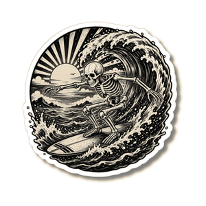 A kiss-cut vinyl sticker featuring a black and white retro-style illustration of a skeleton surfing on a wave under a rising sun, shown on a clean white background.