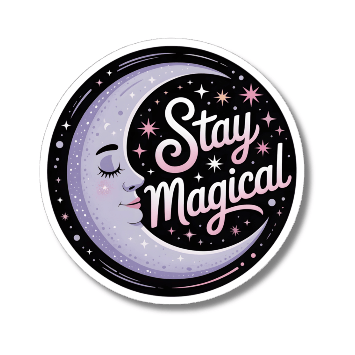 A circular sticker featuring a cute cartoon illustration of a smiling lavender moon with closed eyes, surrounded by pink and white stars on a black background. The words 'Stay Magical' are written in a pink cursive font across the center.