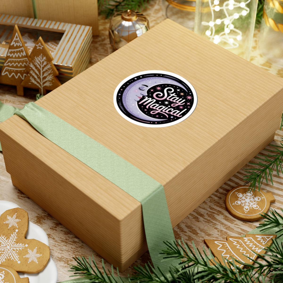 A square kraft paper gift box wrapped with a pale green ribbon, featuring a round sticker that reads 'Stay Magical' with a crescent moon and stars. The box is styled on a rustic wooden surface with Christmas cookies, evergreen branches, and holiday ornaments.