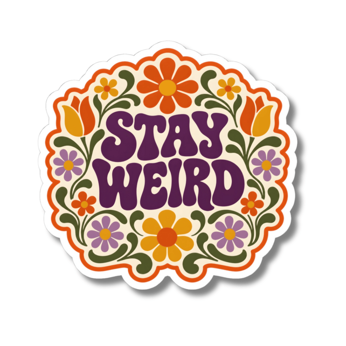 A retro-style kiss-cut sticker with the words “STAY WEIRD” in large purple bubble letters, surrounded by colorful flowers and green leaves on an off-white background. The sticker has a white border and is shown against a plain white background.