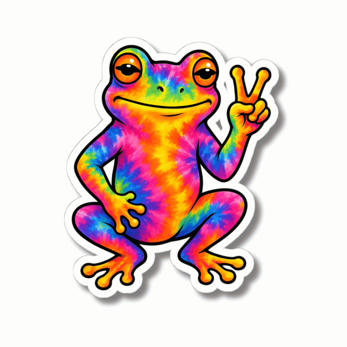 A kiss-cut vinyl sticker featuring a colorful rainbow tie-dye cartoon frog making a peace sign, shown on a plain white background.