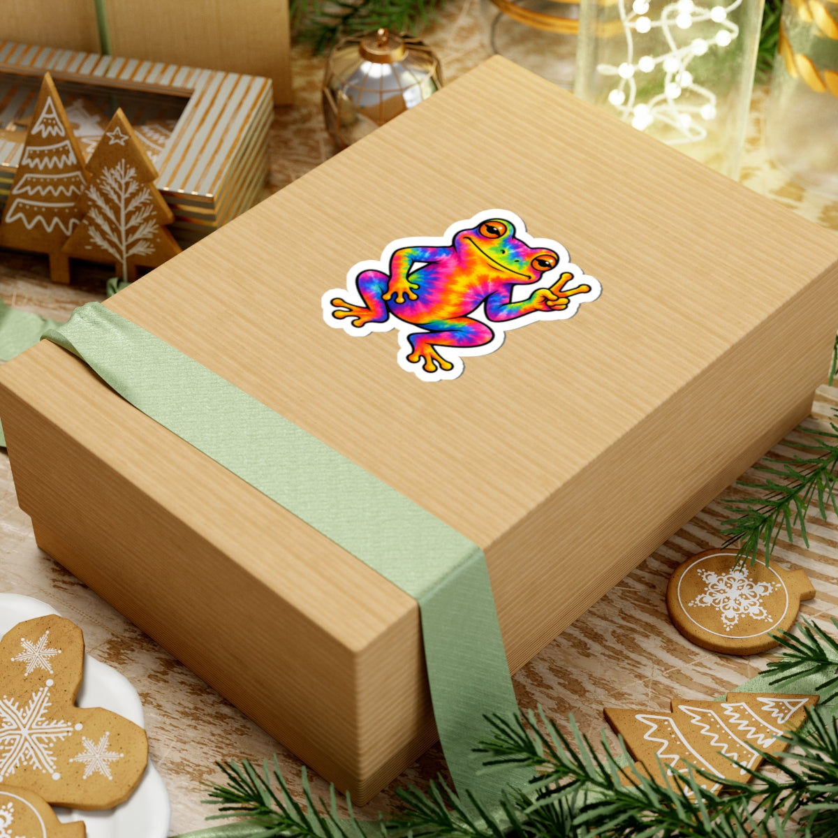 A square kraft gift box wrapped with a pale green ribbon, featuring a colorful rainbow frog sticker on the lid, styled with holiday cookies, pine branches, and warm background decor.