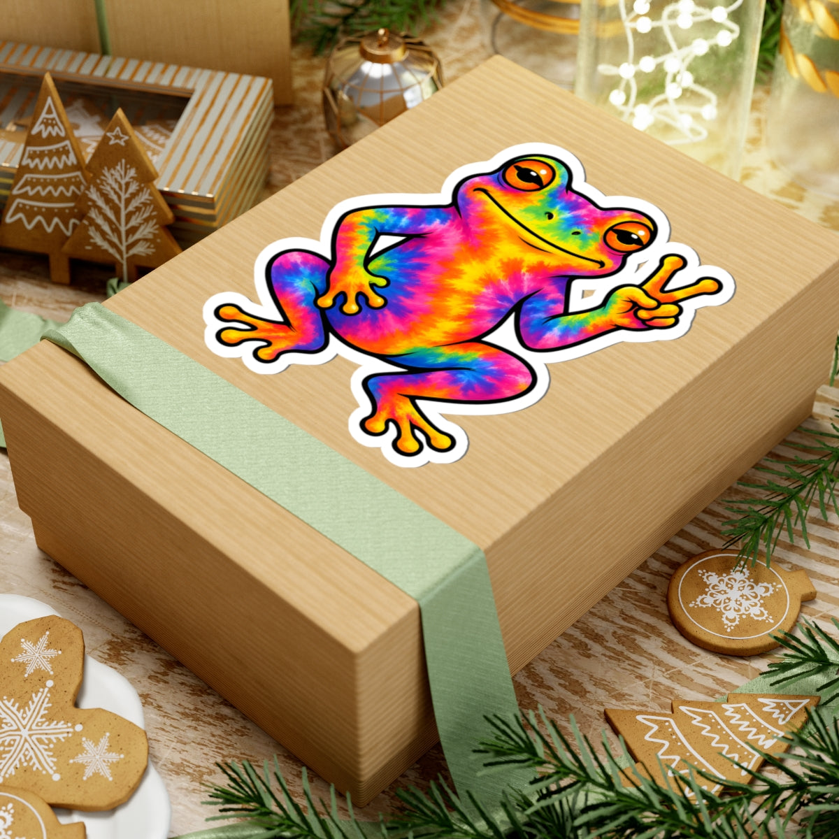 A square kraft paper gift box wrapped with a pale green ribbon, topped with a colorful tie-dye frog sticker making a peace sign. The box is styled on a rustic wooden surface with holiday decorations including pine branches, gingerbread cookies, and a small wooden tree ornament.