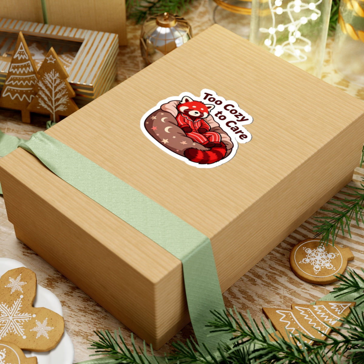 Wooden gift box with a red panda sticker on a festive table with cookies and lights.