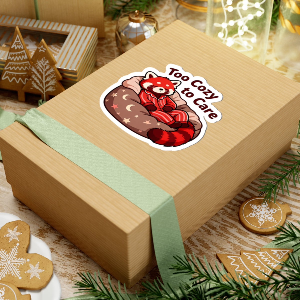 A light brown kraft gift box wrapped with a pale green ribbon, featuring a kiss-cut sticker of a red panda sleeping on a red bean bag with the text 'Too Cozy to Care'. The box is styled on a wooden surface with Christmas cookies, evergreen branches, and holiday decorations.