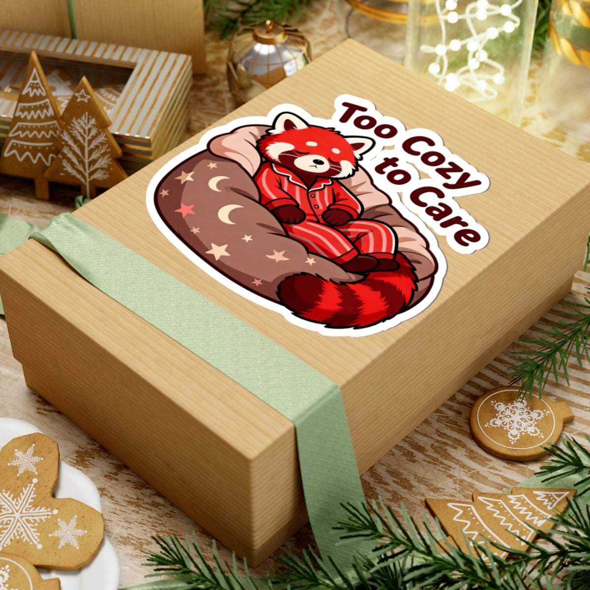 A square kraft paper gift box wrapped with a pale green ribbon, featuring a kiss-cut sticker of a red panda in red pajamas sitting on a brown beanbag with the text 'Too Cozy to Care'. The box is styled on a wooden surface with Christmas cookies, pine branches, and holiday decorations.