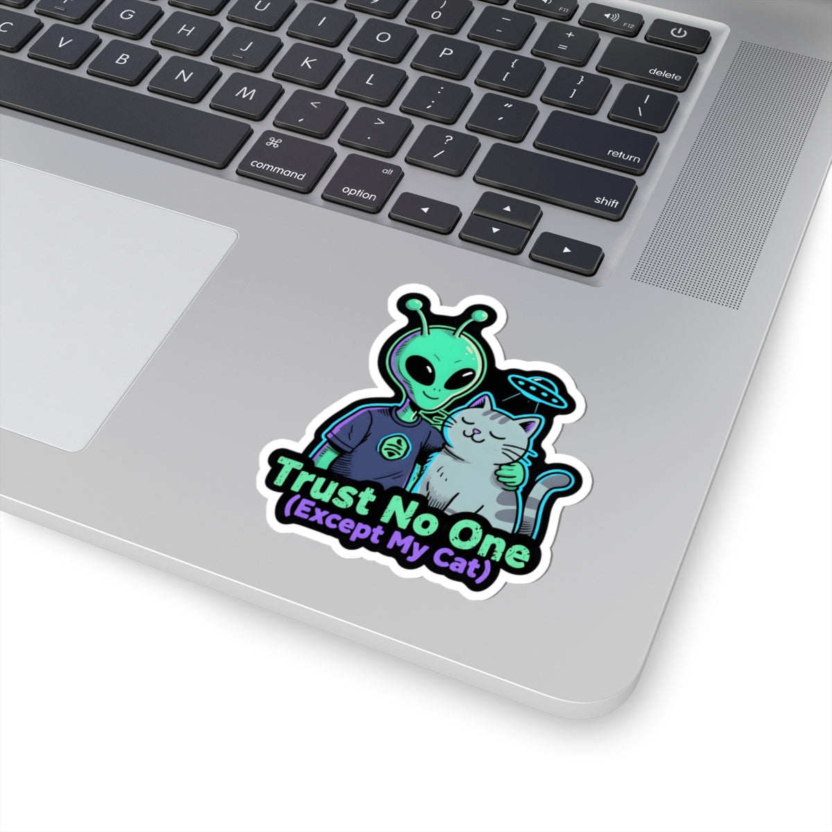 A kiss-cut vinyl sticker applied to the lower right corner of a silver laptop. The sticker features a cartoon illustration of a green alien holding a white cat with a blue halo, with the text 'Trust No One (Except My Cat)' in a stylized purple and green font.