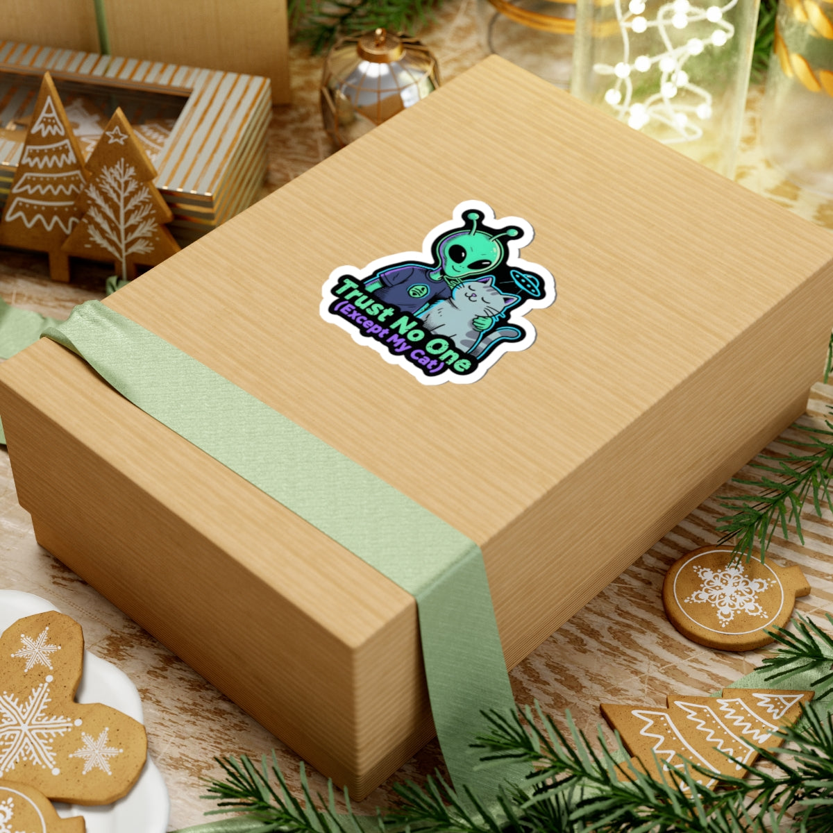 A kraft paper gift box wrapped with a pale green ribbon, decorated with a cartoon sticker of a green alien holding a cat that says 'Trust No One'. The box is styled on a rustic wooden table with Christmas cookies, pine branches, and holiday lights.