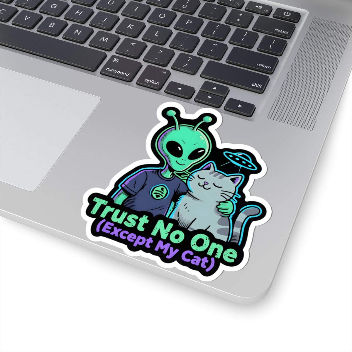 A kiss-cut vinyl sticker applied to the corner of a silver laptop. The sticker features a cartoon green alien hugging a white cat, with the text 'Trust No One (Except My Cat)' in a stylized purple and green font.