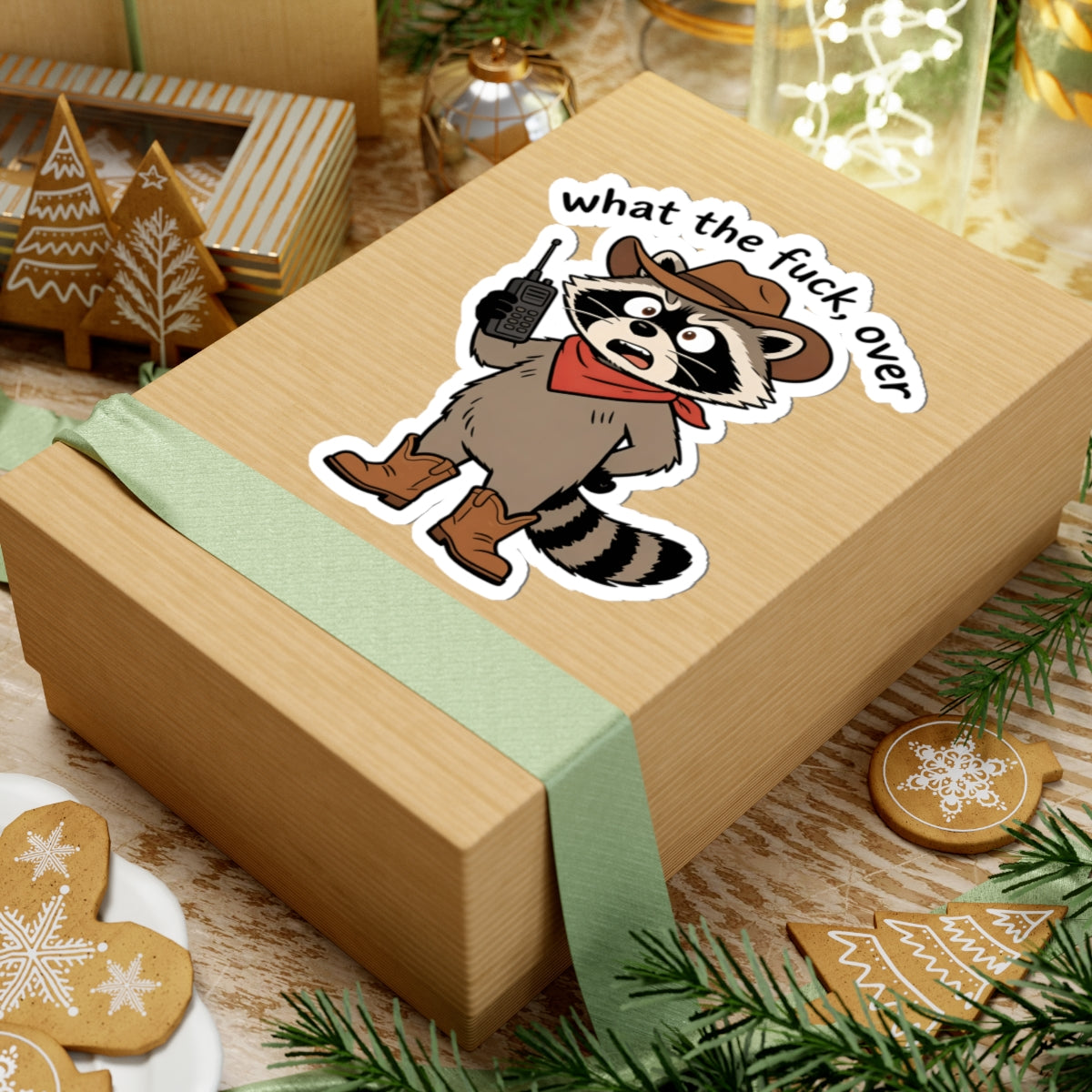 A light wood gift box wrapped with a pale green ribbon, decorated with a cartoon raccoon sticker wearing a cowboy hat and holding a walkie-talkie, with the text 'what the fuck, over'. The box is styled on a rustic wooden table with Christmas cookies, evergreen branches, and holiday decorations.