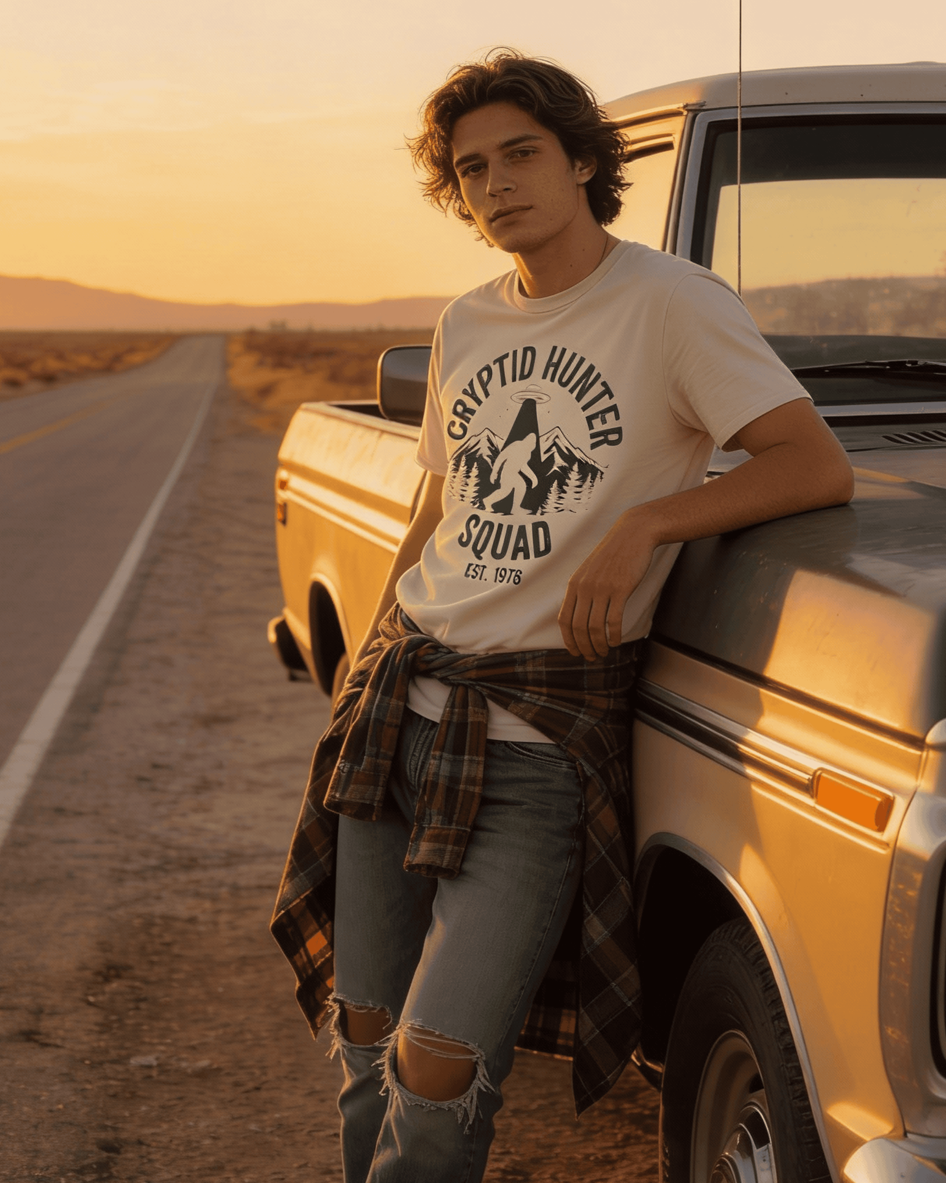 A man with a flannel tied around his waist leans against a vintage pickup truck at sunset, wearing our Bigfoot Cryptid Hunter T-Shirt in a natural color. This retro Sasquatch shirt shows the 'Cryptid Hunter Squad' design, perfect for any paranormal enthusiast.