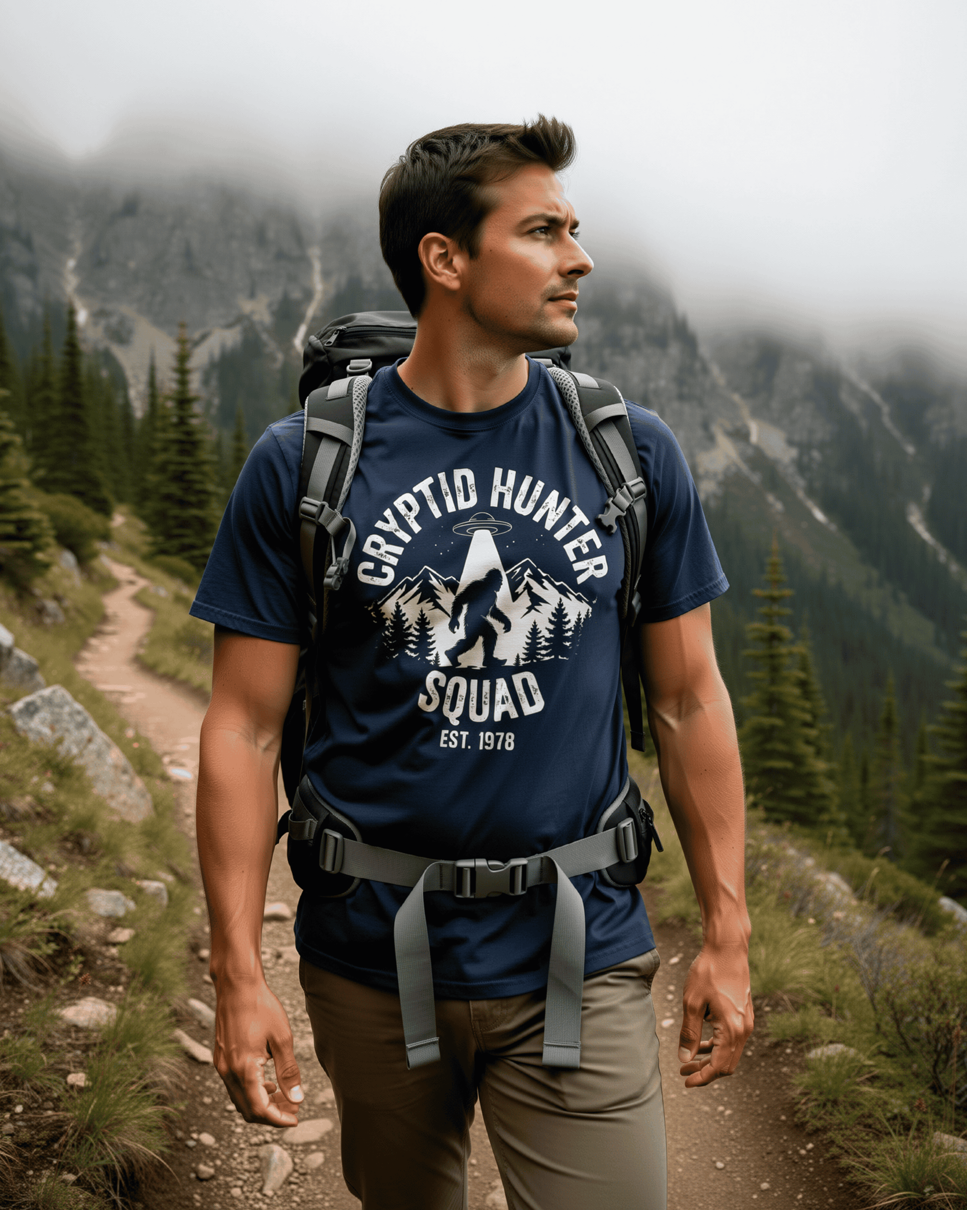 A man hikes along a scenic, foggy mountain trail while wearing the navy blue Bigfoot Cryptid Hunter T-Shirt. This Sasquatch-themed graphic tee features a retro design of Bigfoot being beamed up by a UFO, making it perfect for any cryptid believer out exploring.