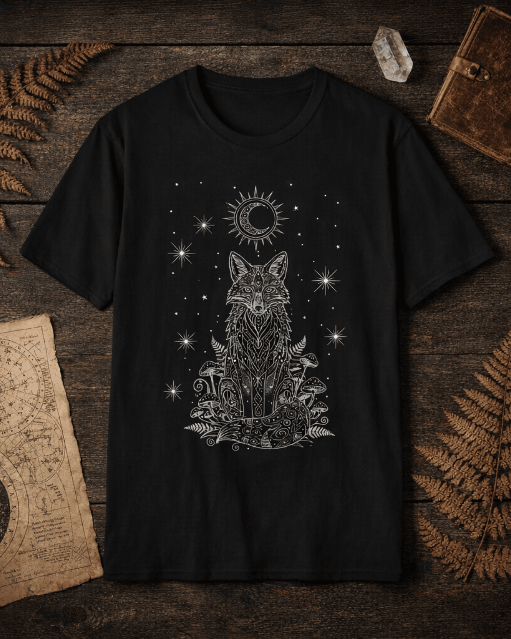 Flat lay of a Black Fox Shirt placed on a dark rustic wooden table surrounded by vintage maps, ferns, and a crystal. The Witchy Crescent Moon Graphic Tee features an intricate white illustration of a sitting fox surrounded by woodland mushrooms and stars, making for a mystical Celestial Tshirt.